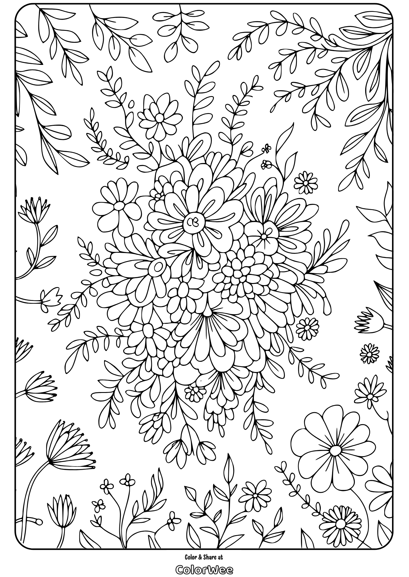 dense flower pattern botanical coloring page Floral coloring page with intricate flower designs and leaves.