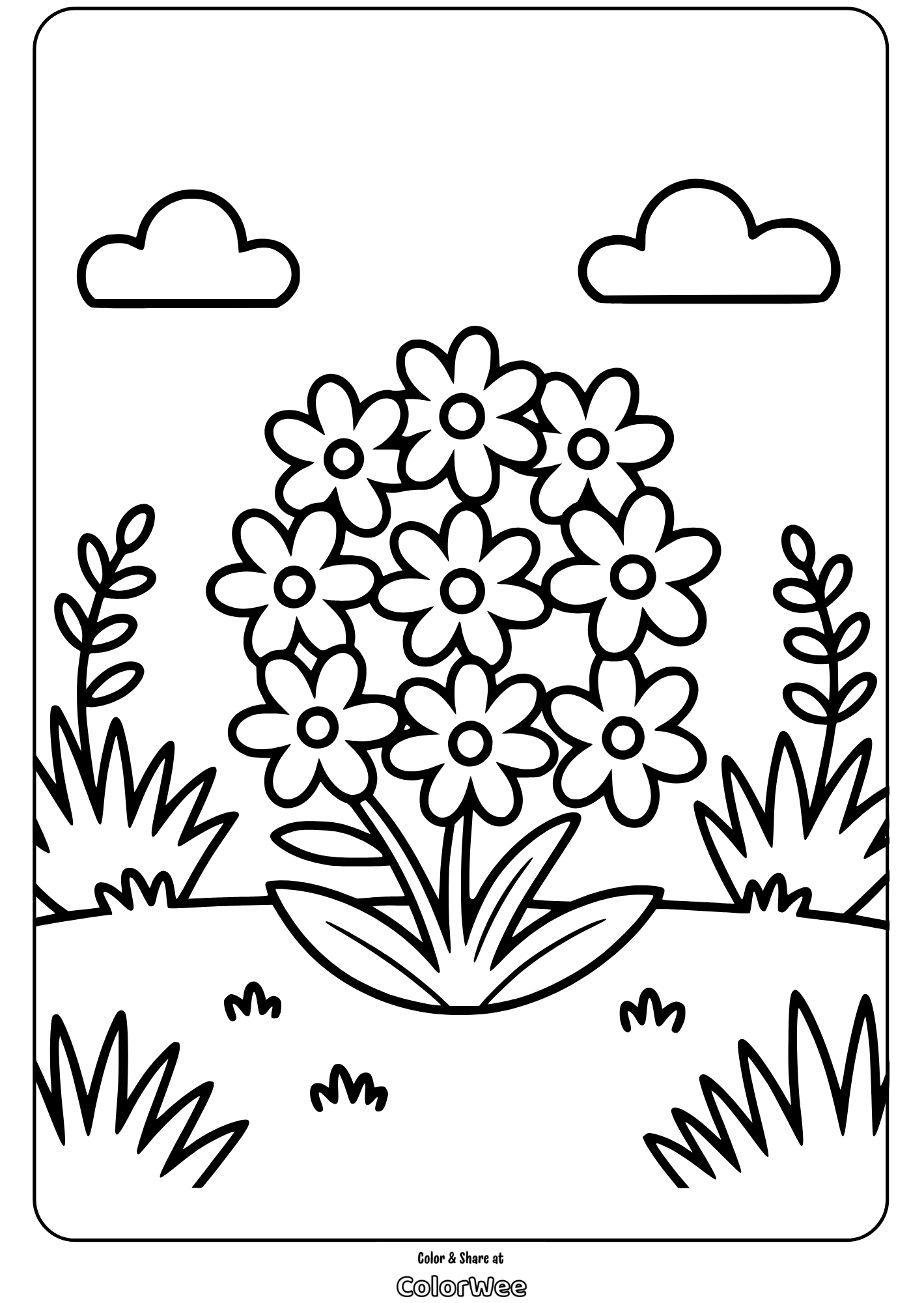 dense flower pattern cluster coloring page Flower coloring page with daisies and clouds. Simple floral illustration.