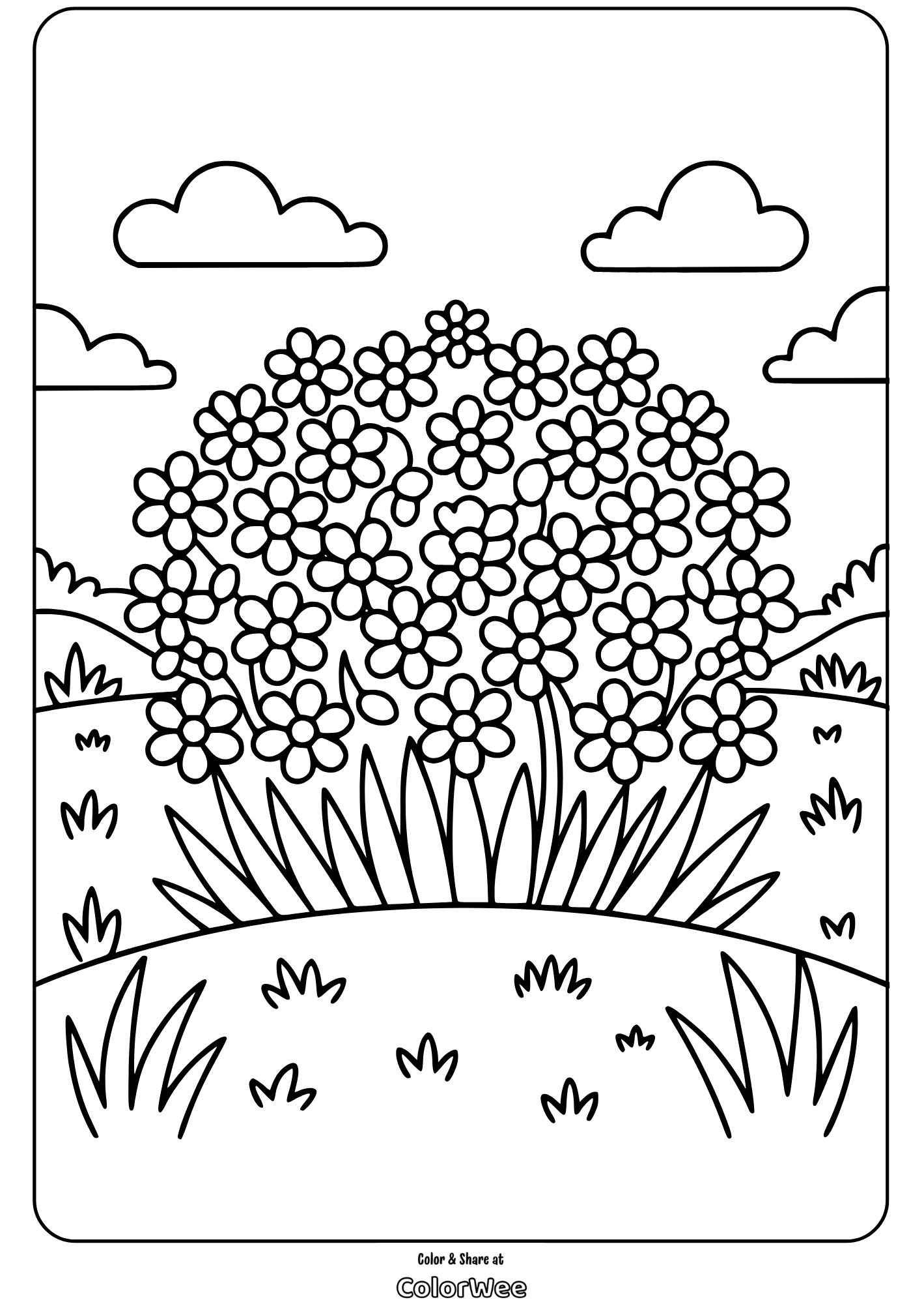 dense flower pattern field coloring page Coloring page with flowers in a field under a cloudy sky.