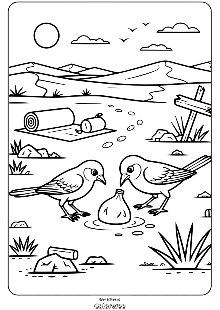 Desert birds coloring page with bottle and hills.
