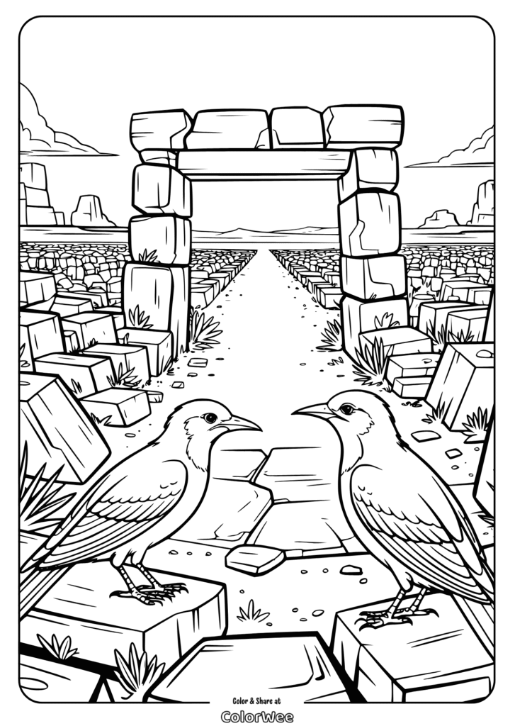 Two birds on stone path in ancient ruins coloring page.