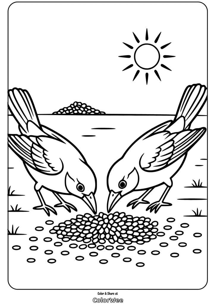Two birds eating seeds under the sun in a coloring page.