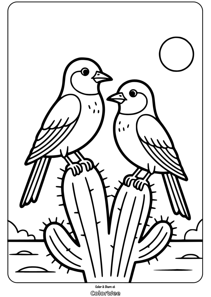 Two birds perched on a cactus under the sun coloring page.