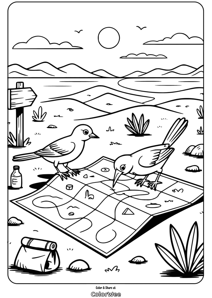 Birds exploring map in nature coloring page for kids