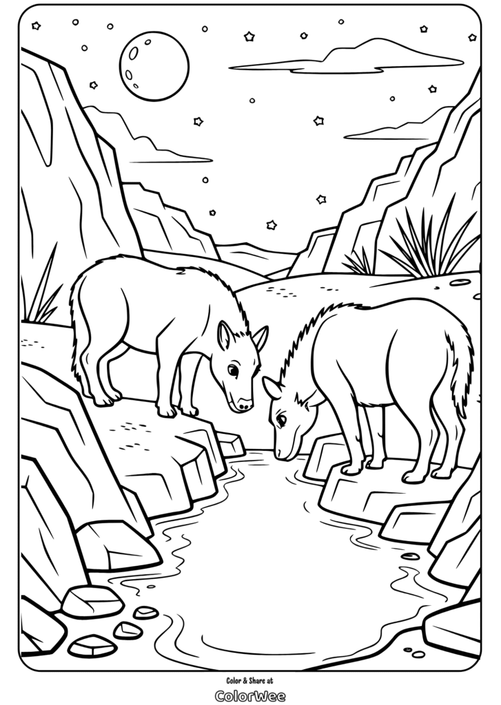 Two wolves drinking from a river under a starry night sky.