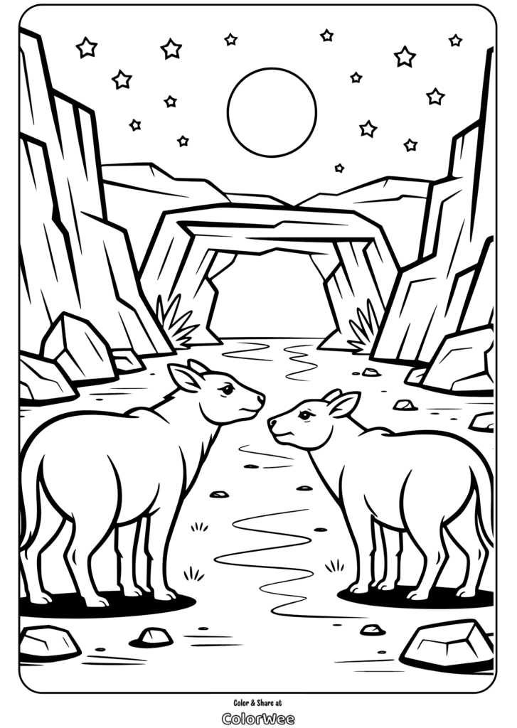 Sheep by a river under a starry sky coloring page.