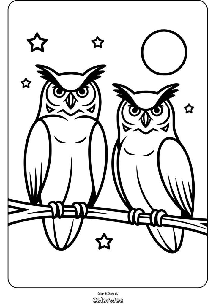 Two cartoon owls on a branch, stars and moon in the sky coloring page.