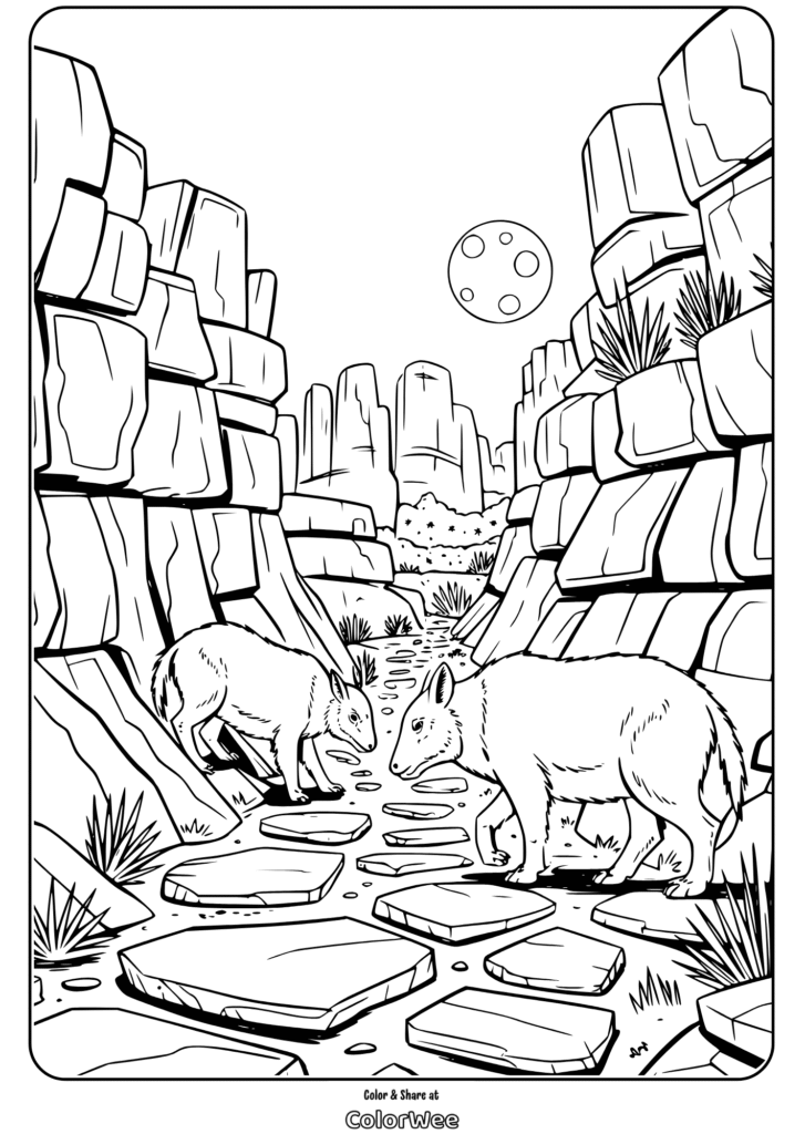 Canyon scene with two animals by a stream under a full moon.