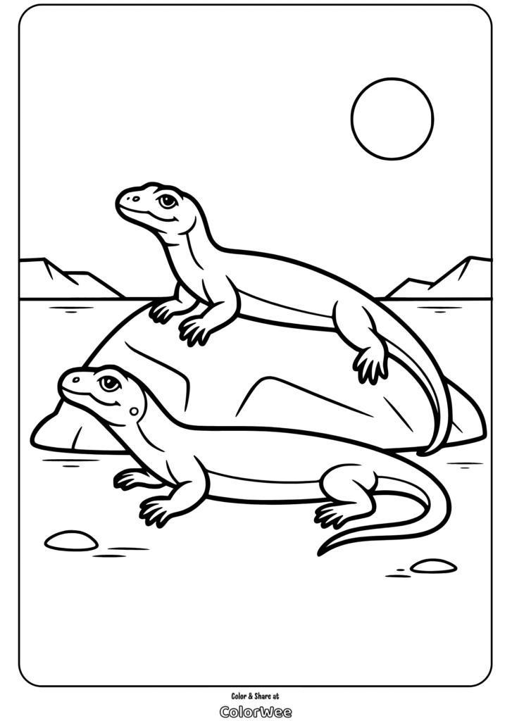 Desert lizard coloring page with two lizards basking on a rock.
