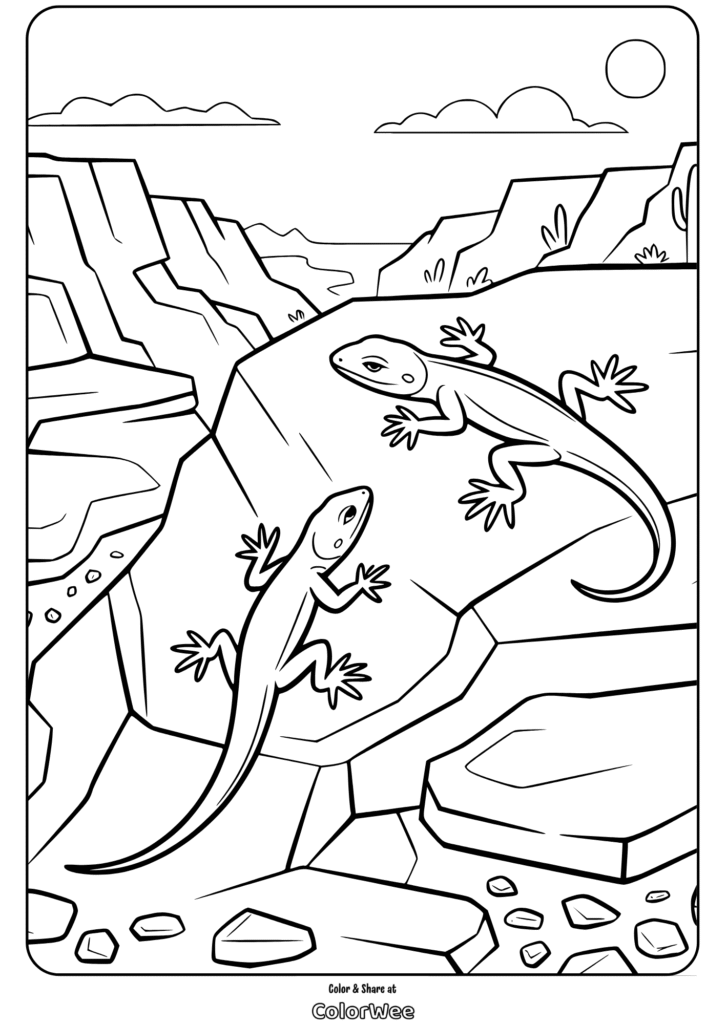 Two lizards on rocks in a desert landscape coloring page.