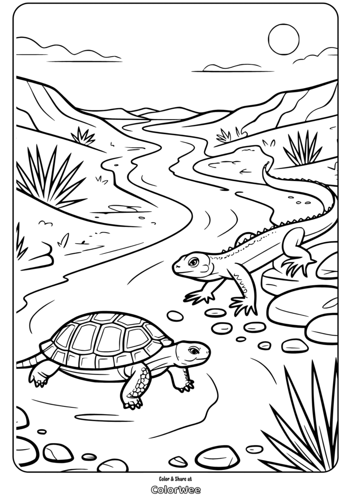 Desert scene with turtle and lizard coloring page.