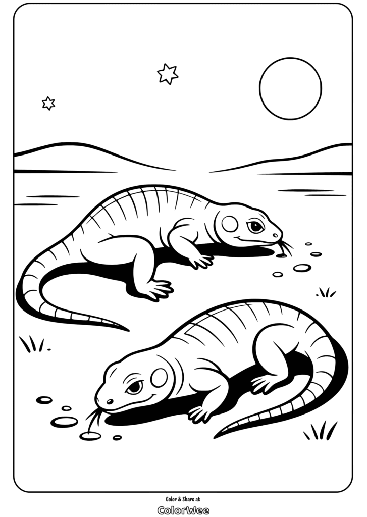 Two lizards in a desert landscape coloring page.