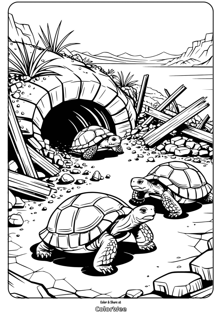 Desert tortoises emerging from burrow in a coloring page.