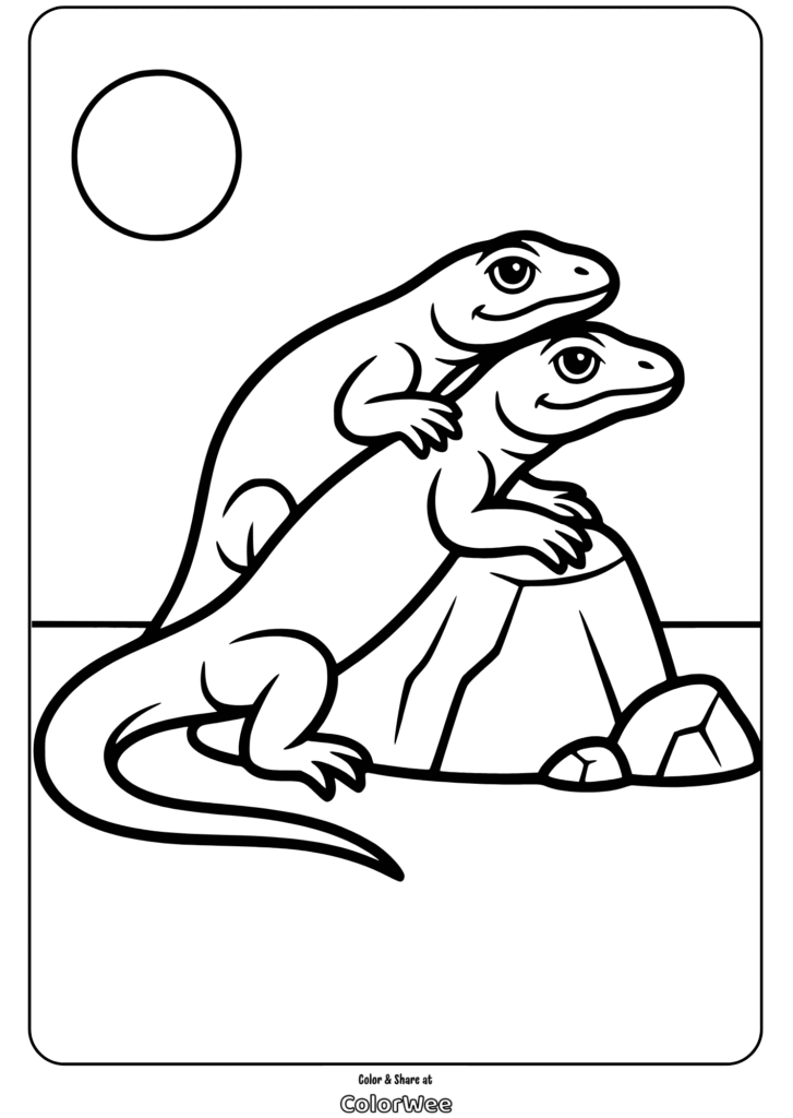 Lizards on rock coloring page with sun in the background.