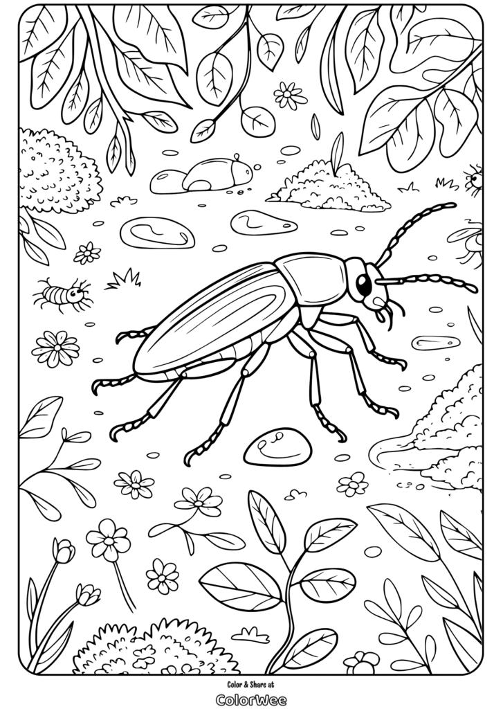 detailed ground scene beetle and bug coloring Bug Coloring Page with Leaves and Flowers for Kids