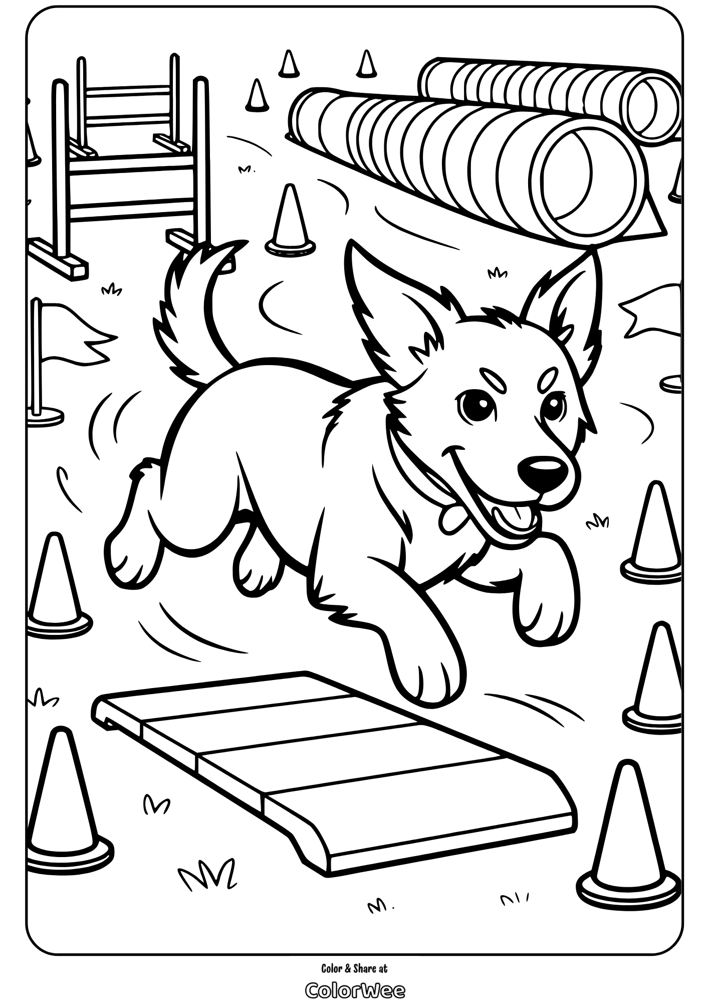 Dog running agility course coloring page for kids.