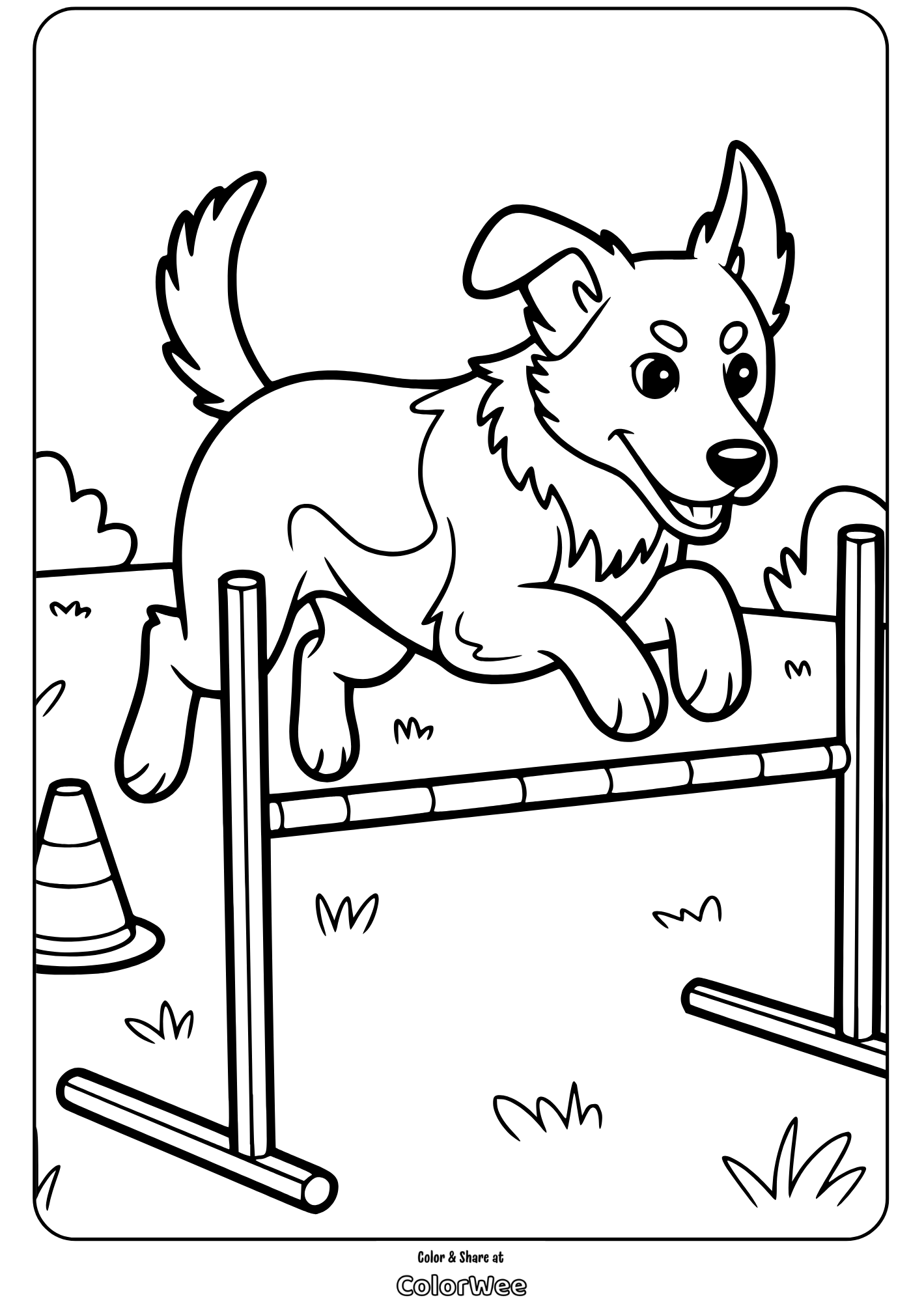 Happy dog jumping over agility hurdle coloring page