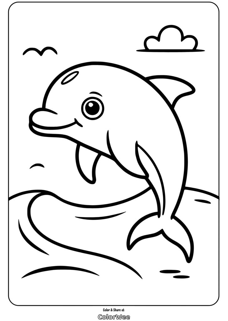 Jumping dolphin coloring page with ocean background.