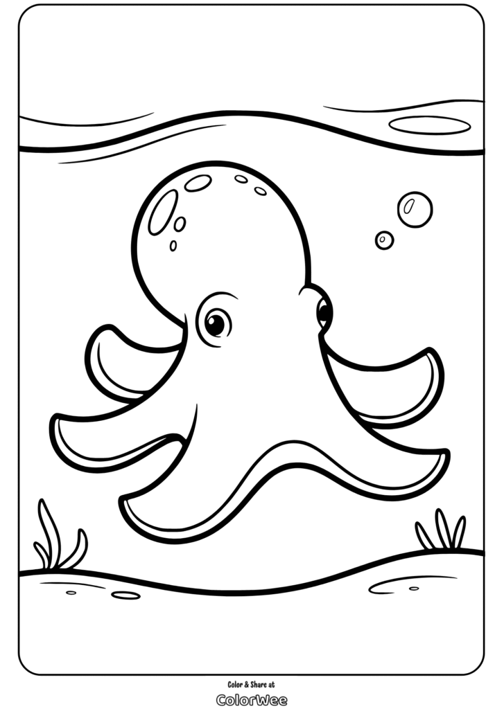 Cute octopus coloring page for kids featuring ocean scene.