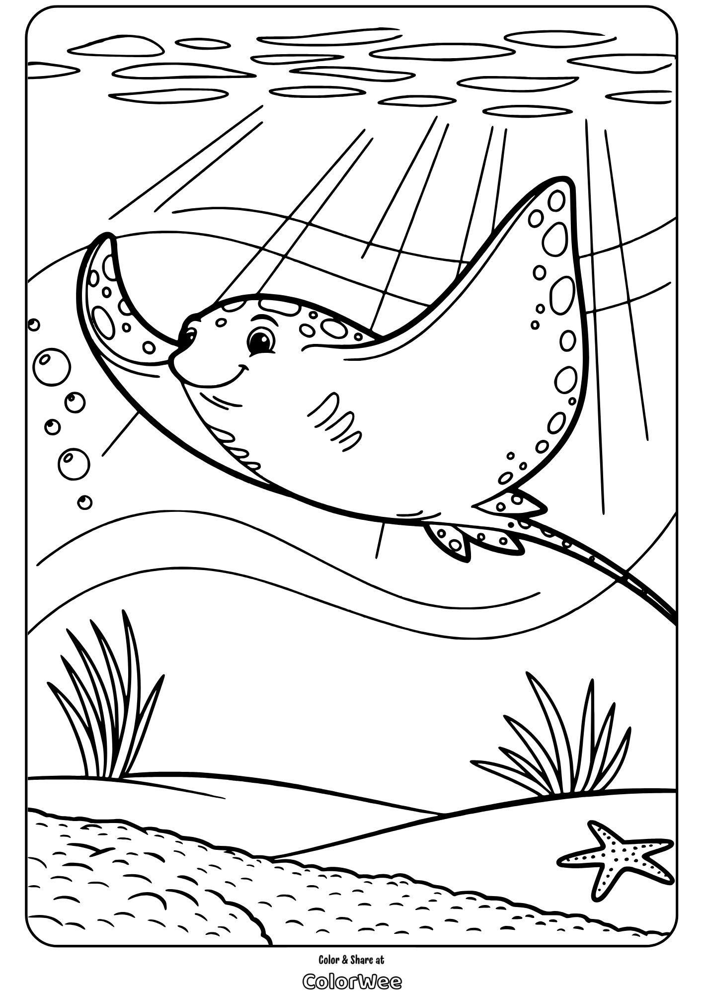 Stingray coloring page for kids with ocean scene.