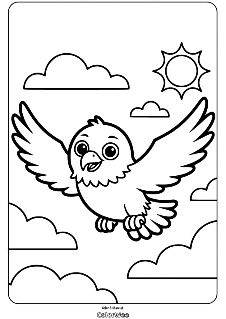 Cute bird flying in the sky coloring page with sun and clouds.