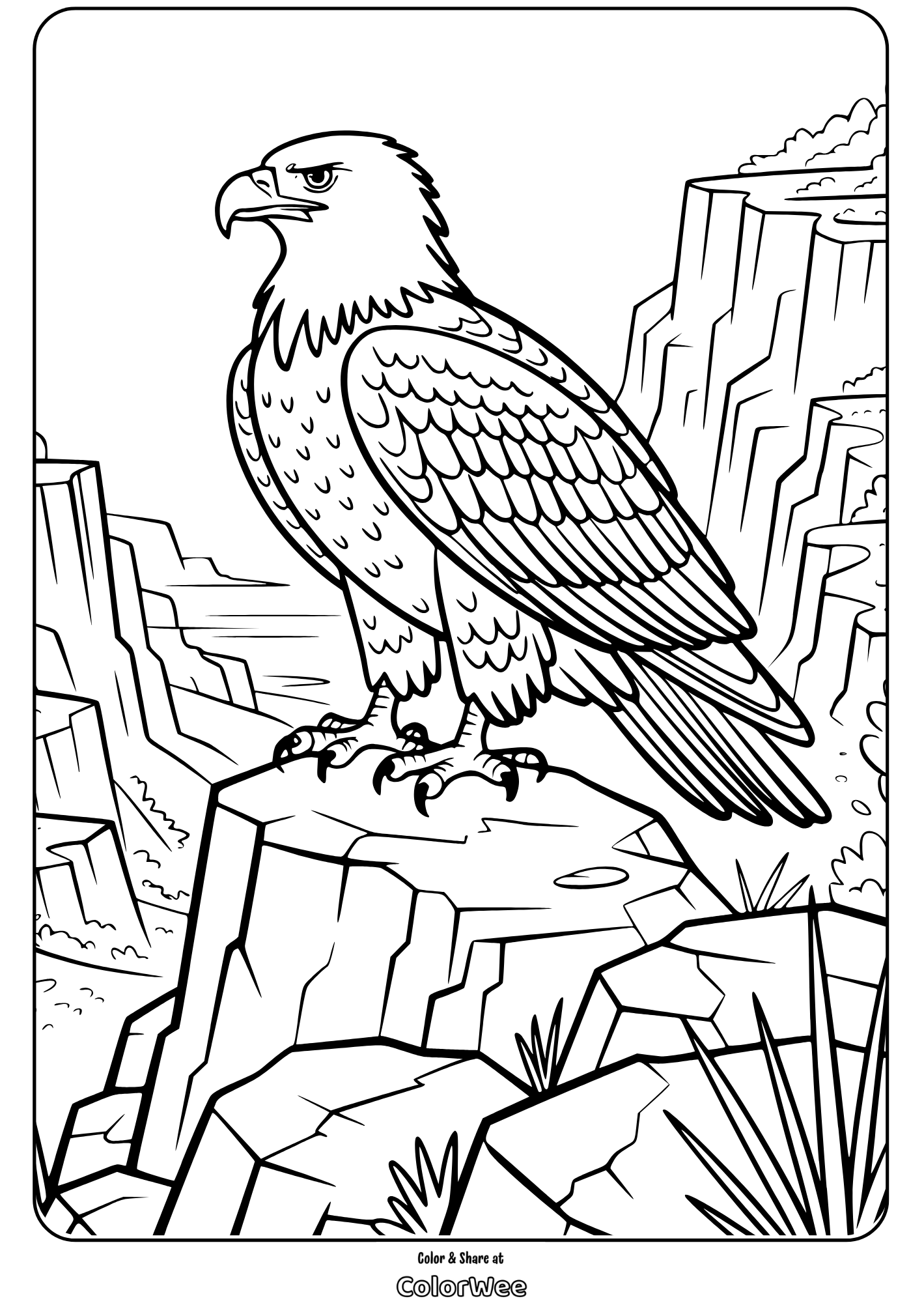 Eagle coloring page with mountains in the background.