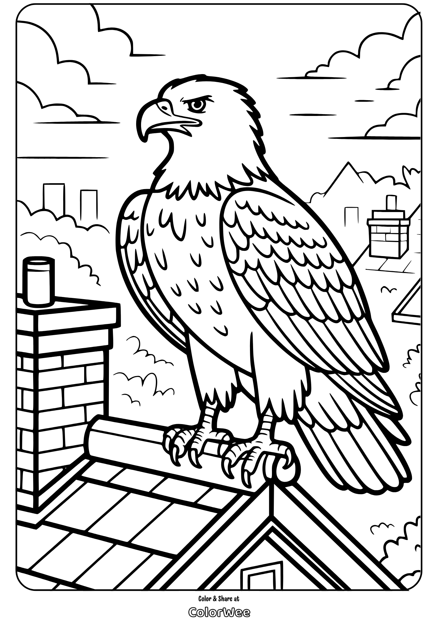Eagle on rooftop coloring page for kids' fun activities.