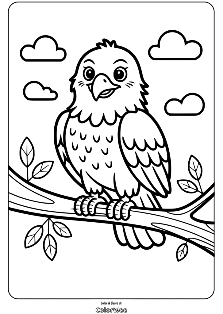 Cute bird on branch coloring page with clouds and leaves.