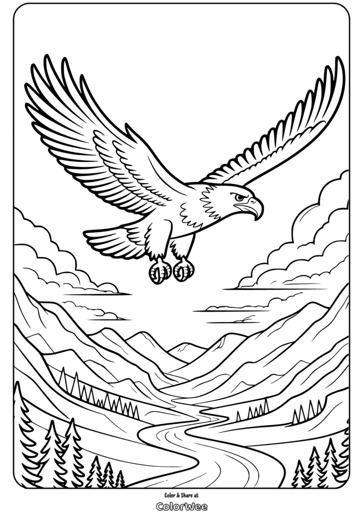 Eagle soaring over mountains coloring page.