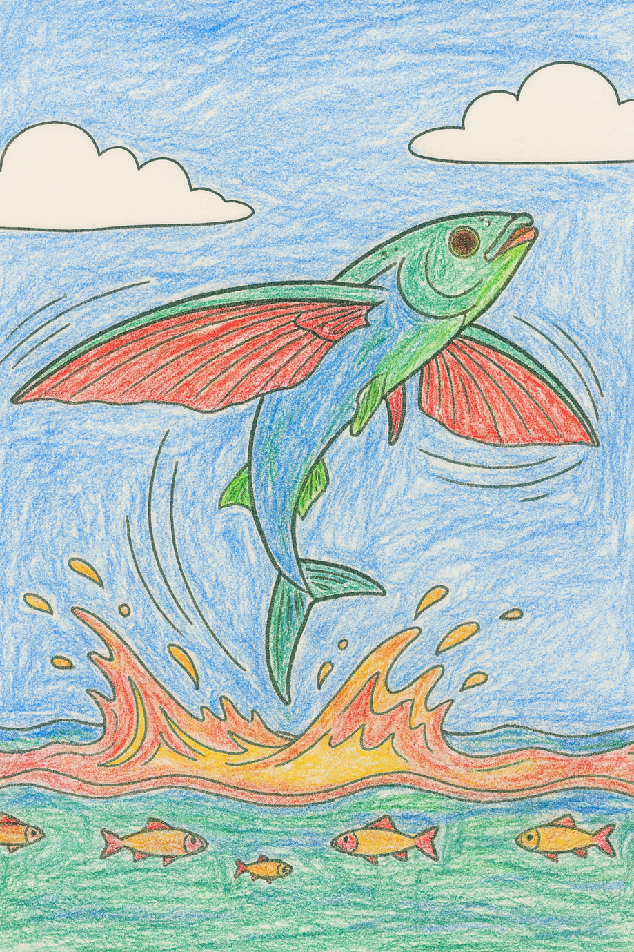 Flying fish coloring page with ocean splash and vibrant colors.