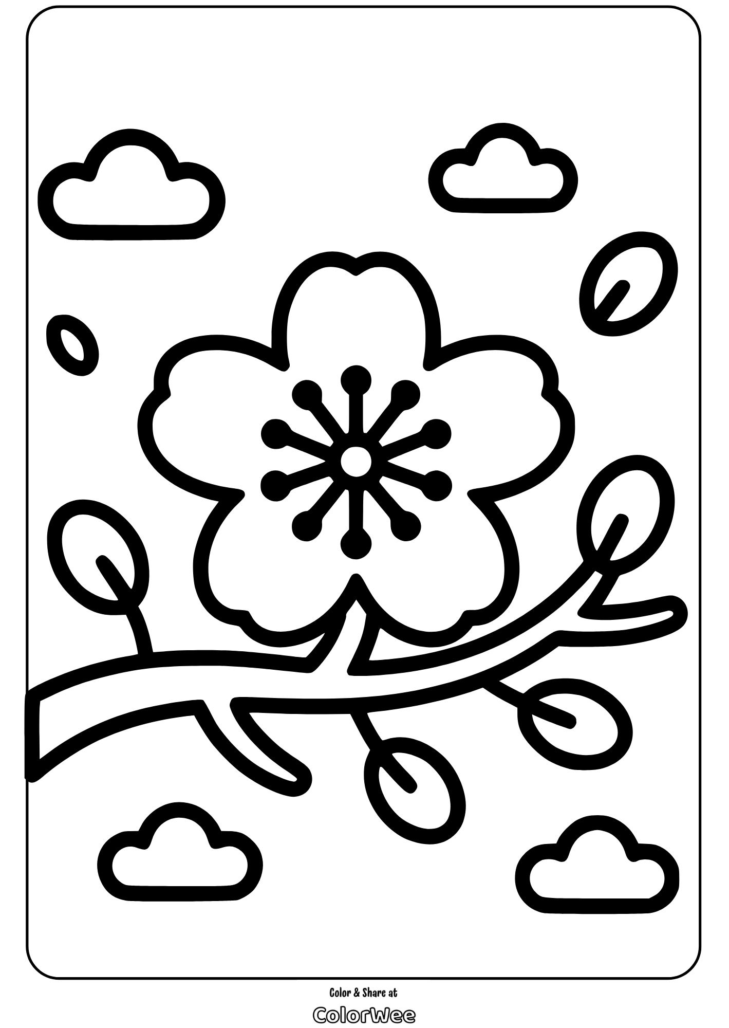 floral character cherry blossom coloring page Cherry blossom on branch coloring page with clouds and petals.