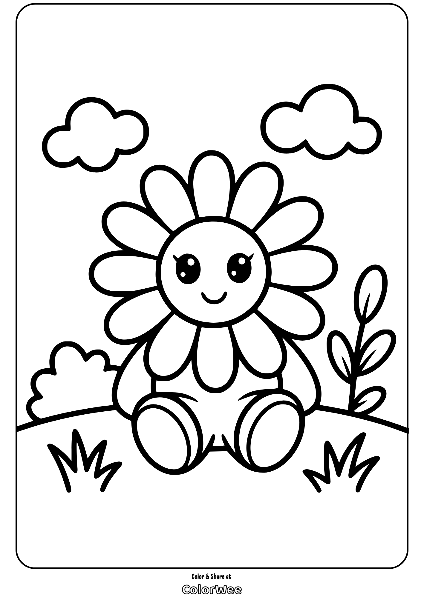 floral character daisy coloring page Cute flower character coloring page with clouds and plants.