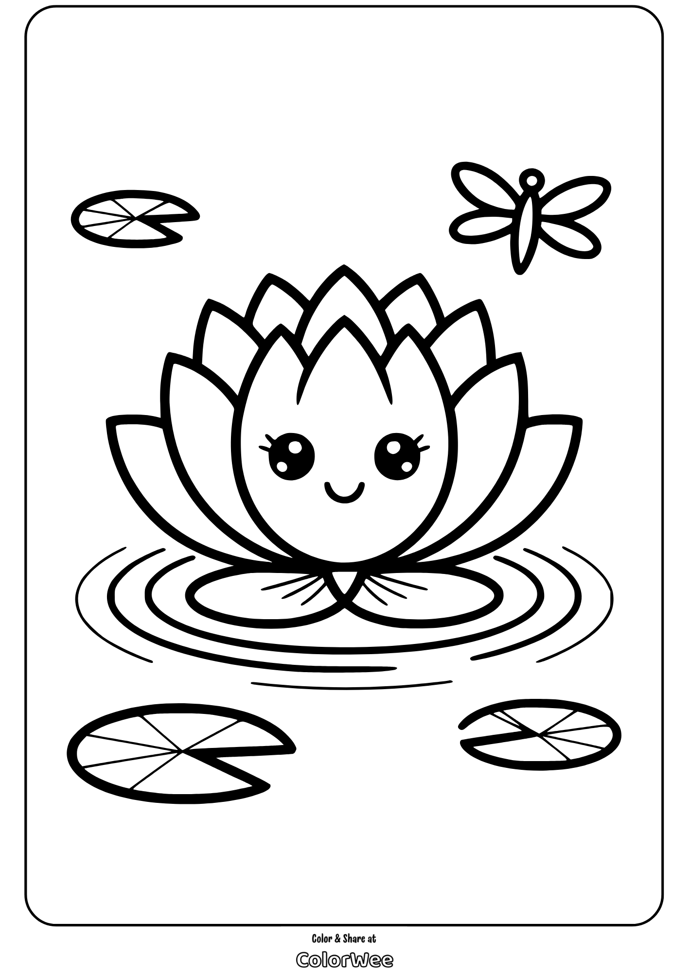 floral character lotus coloring page Cute smiling lotus and dragonfly coloring page.