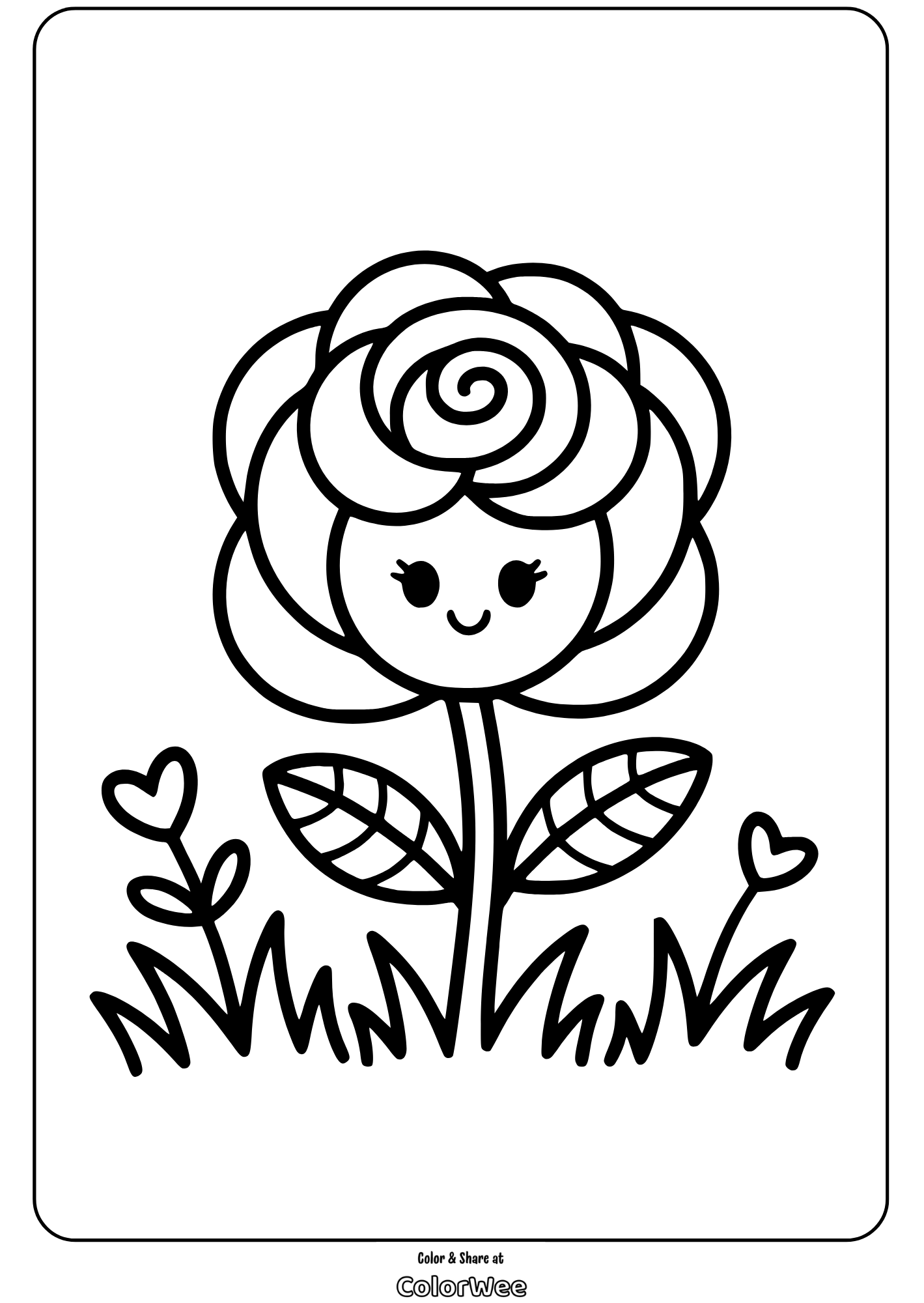 floral character rose coloring page Cute flower coloring page with smiling face and heart leaves.