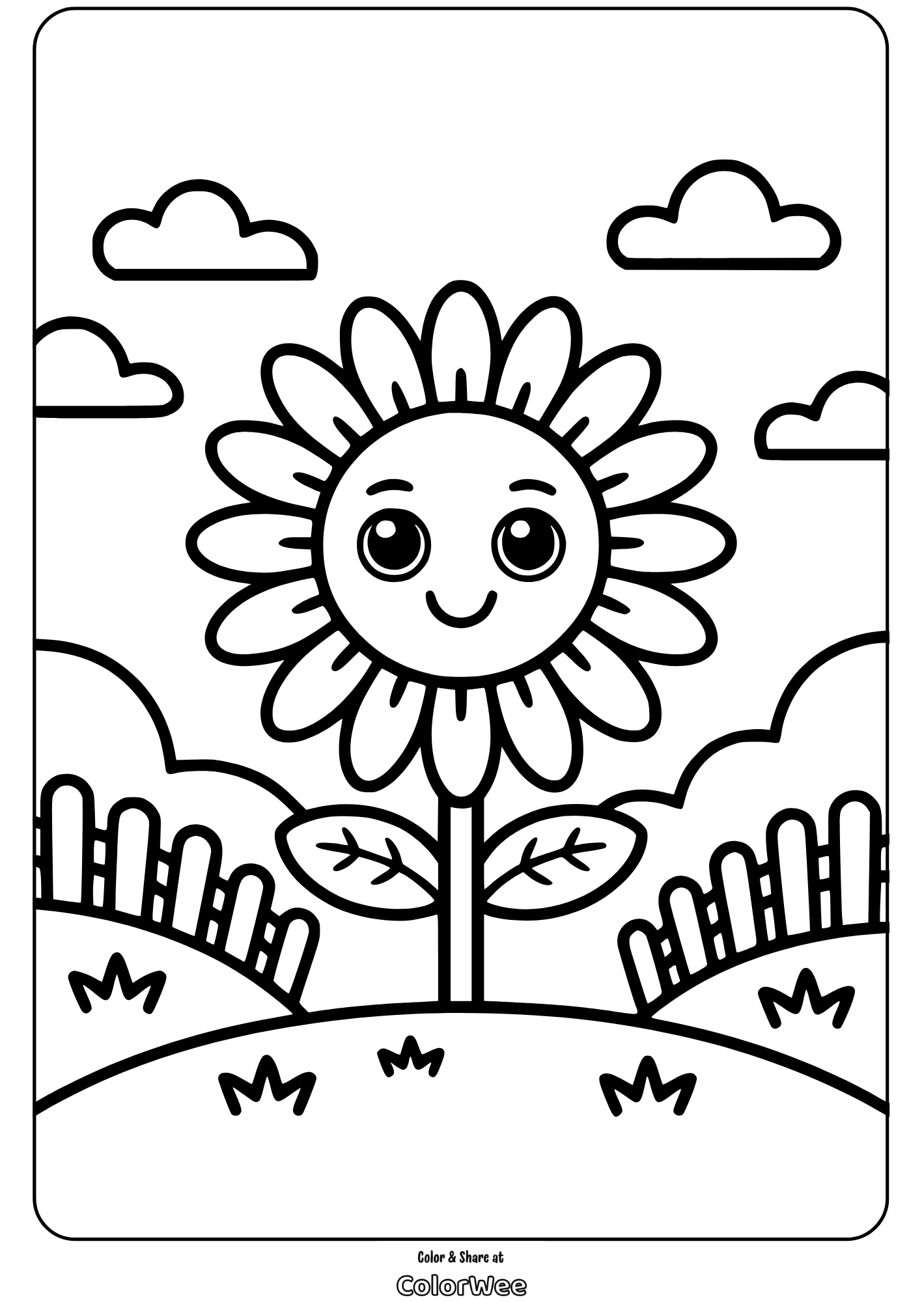 floral character sunflower coloring page Smiling sunflower coloring page with clouds and hills.
