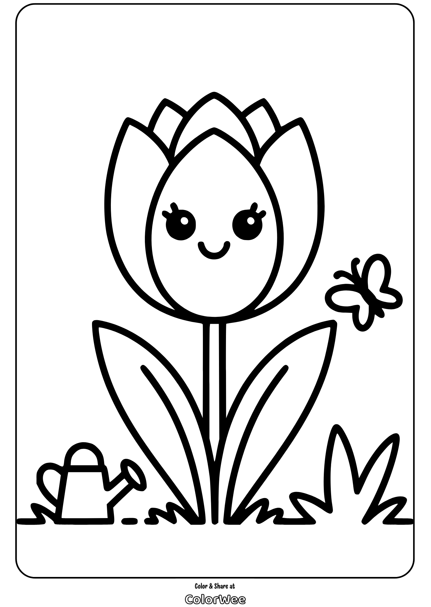 floral character tulip coloring page Smiling flower and butterfly coloring page for kids.
