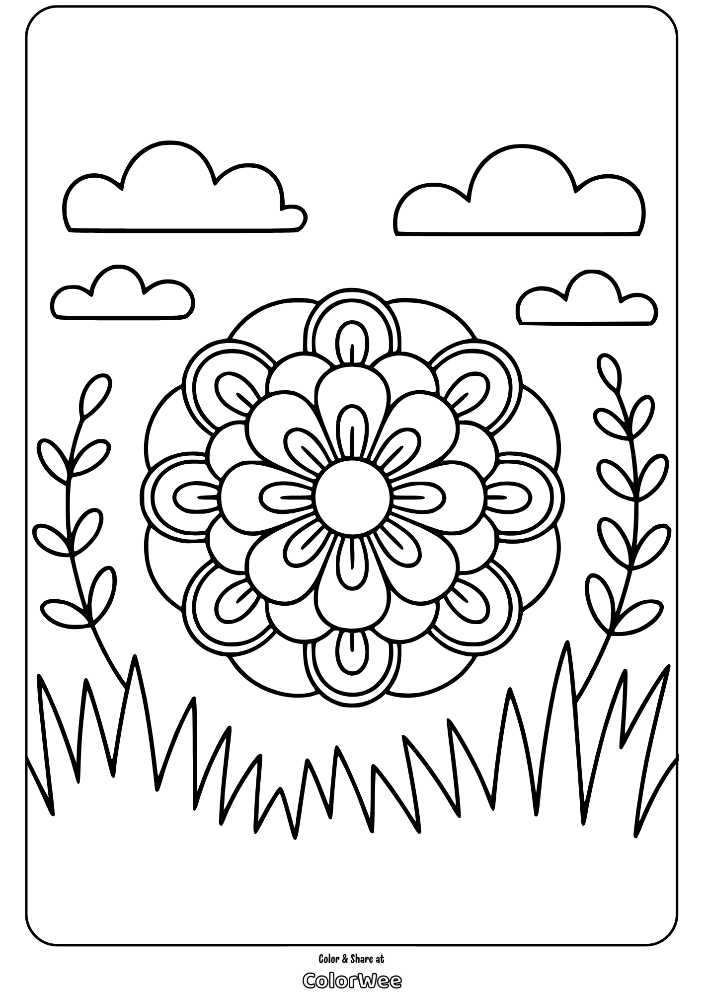 floral mandala pattern flower coloring page Mandala flower coloring page with clouds and plants.