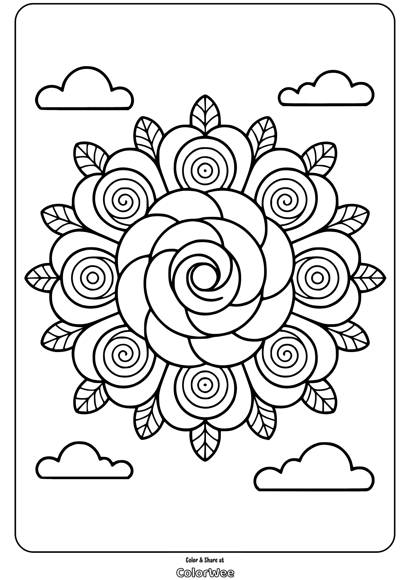 floral mandala pattern rose coloring page Floral mandala coloring page with clouds for relaxation.