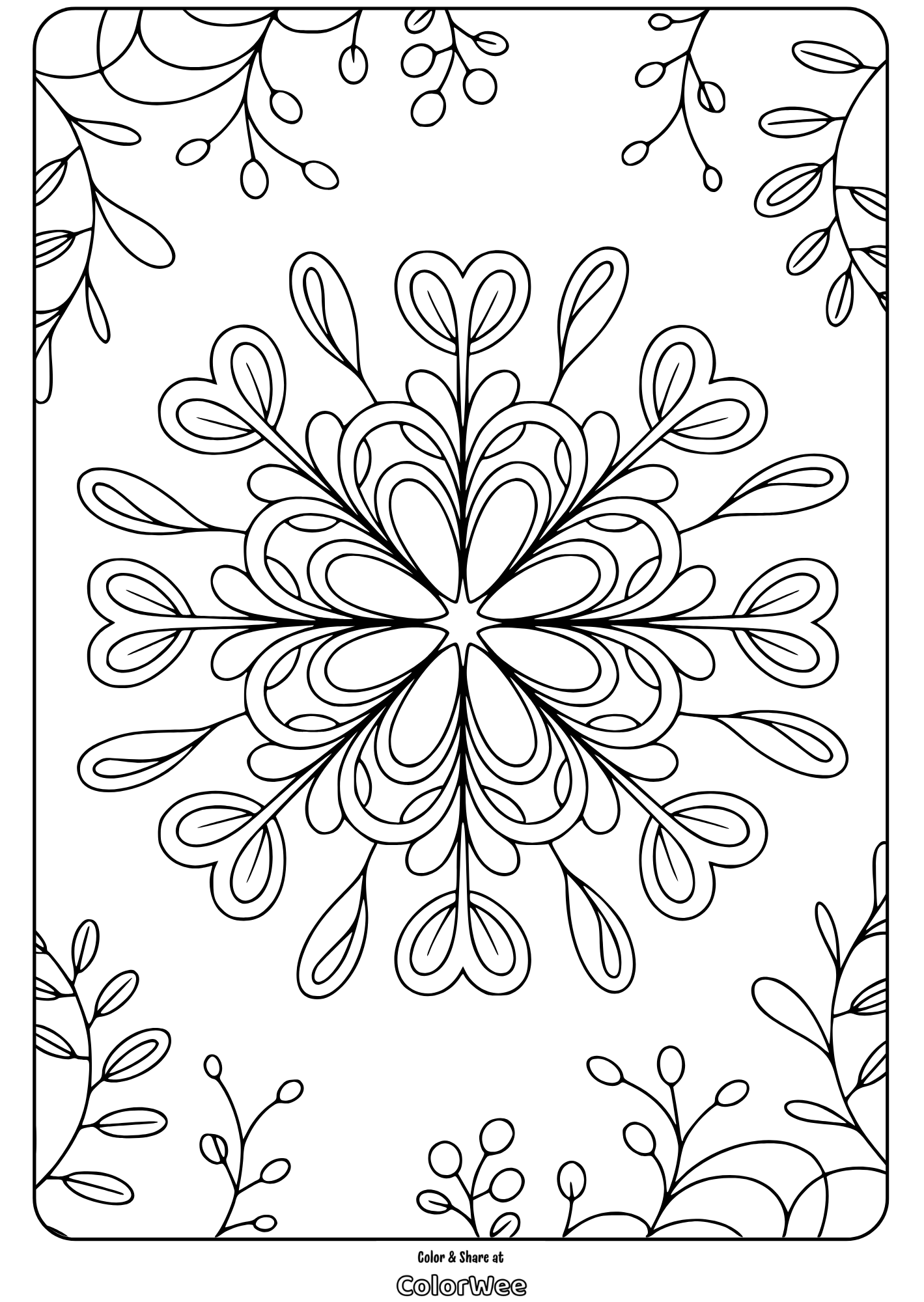 floral mandala rhythm coloring page Floral mandala coloring page with intricate leaf patterns.