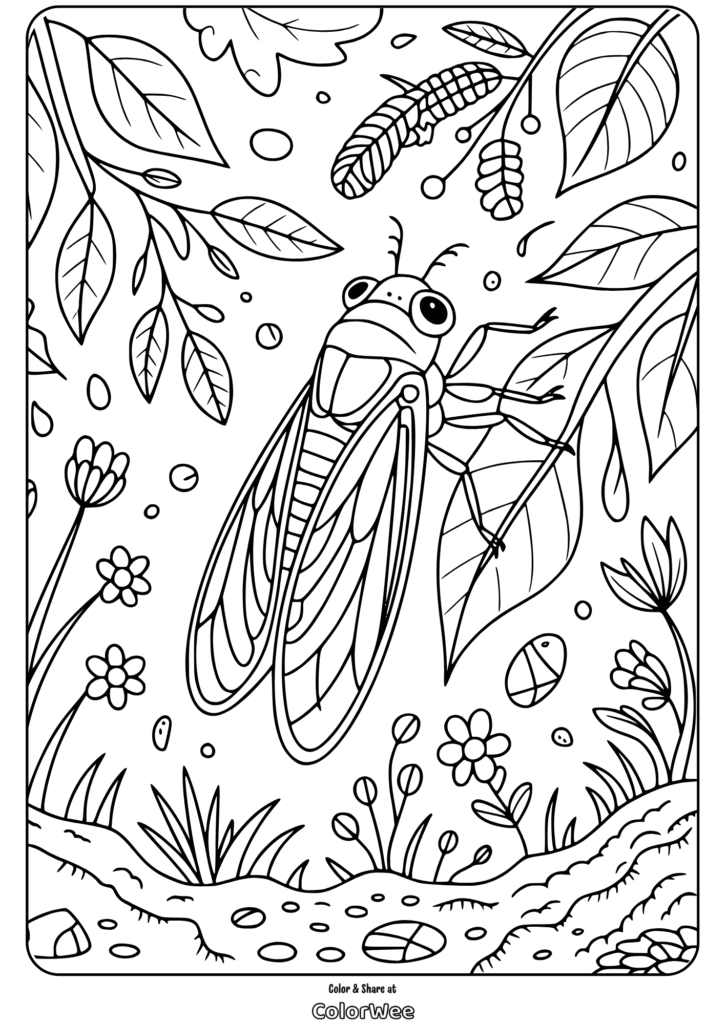 flying insect cicada on leaves coloring page Cicada coloring page with leaves and flowers for kids.