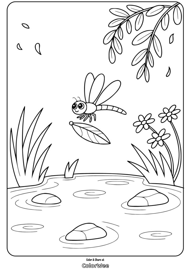 flying insect dragonfly pond nature coloring page Dragonfly over pond coloring page with flowers and leaves.