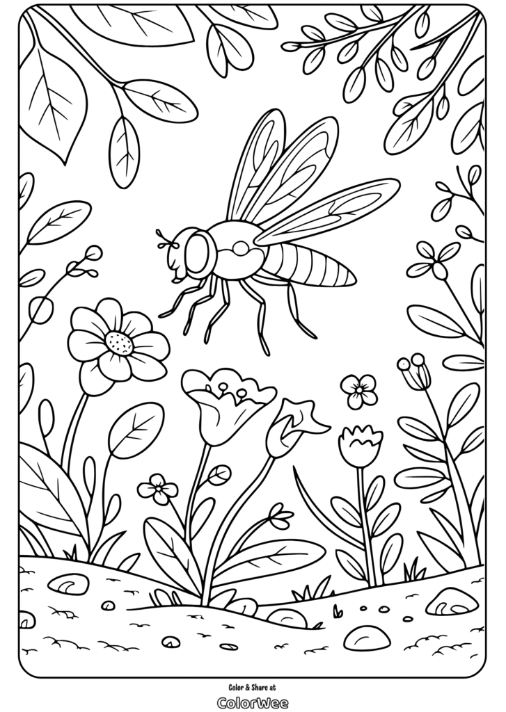 flying insect flower garden coloring page 1 Bee flying around flowers in a garden coloring page for kids.