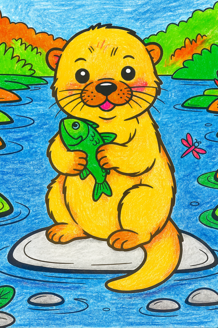 Cute otter holding a fish by the river coloring page.