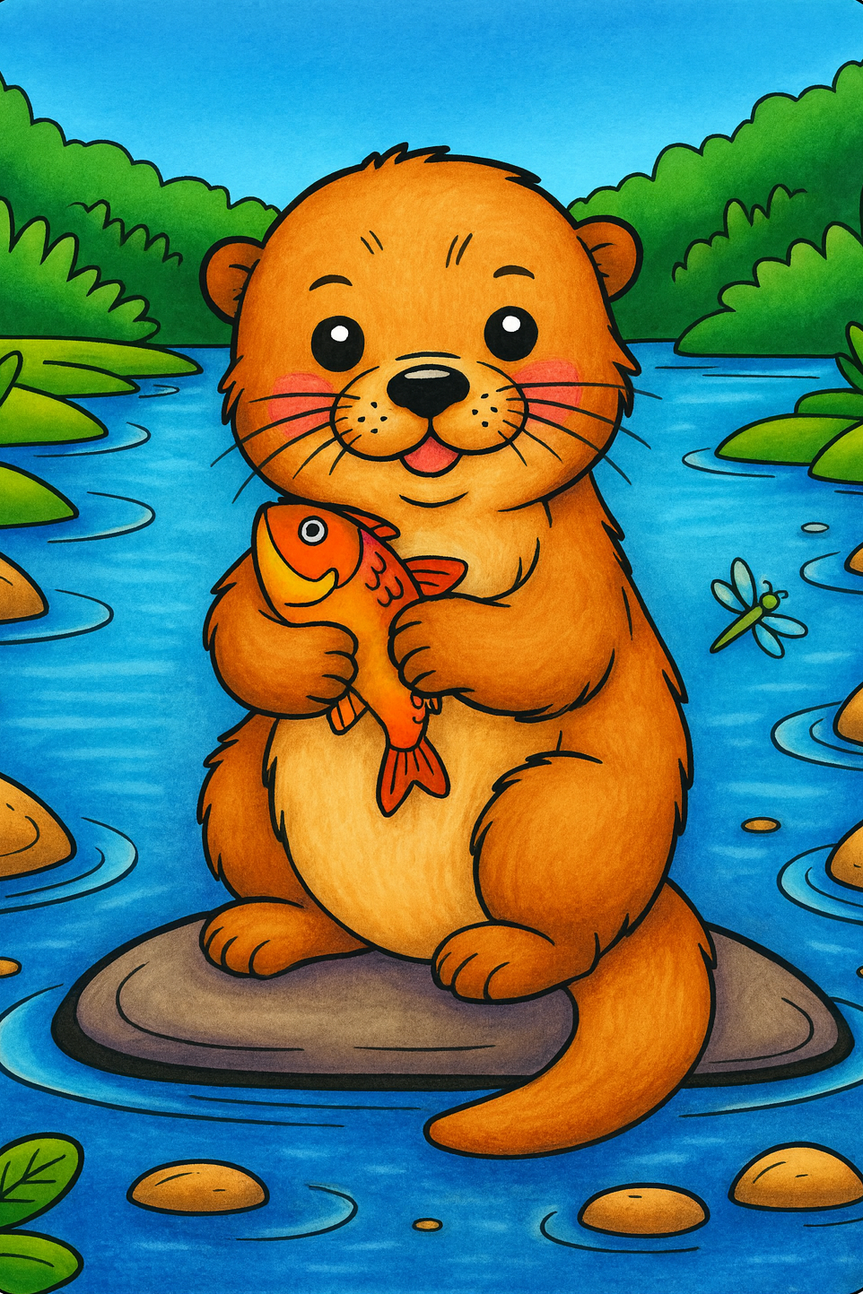 Otter holding a fish in a river coloring page.