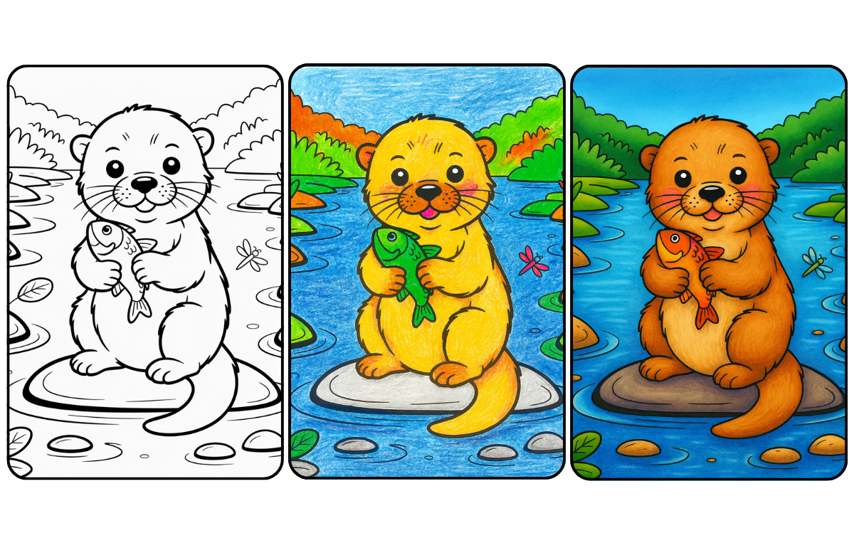 Cute otter with fish coloring page for kids.
