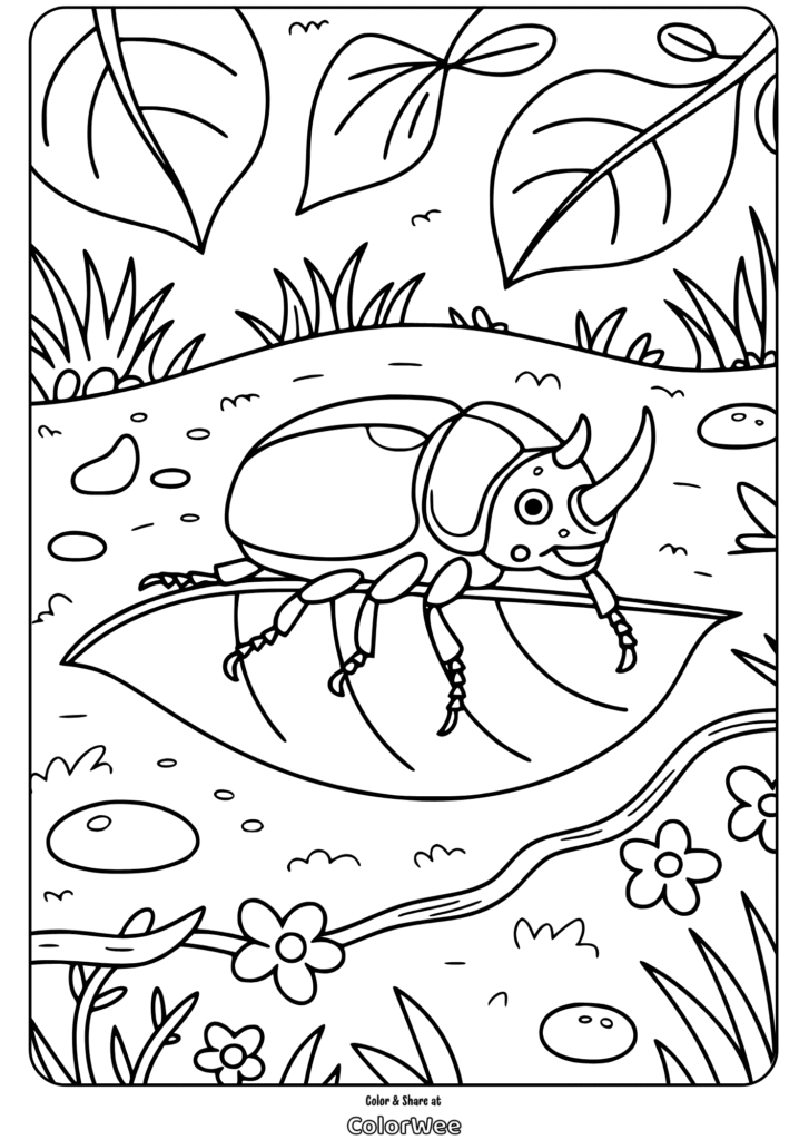 forest beetle resting on leaf beetle and bug page Coloring page of a cute beetle on a leaf in a garden setting.