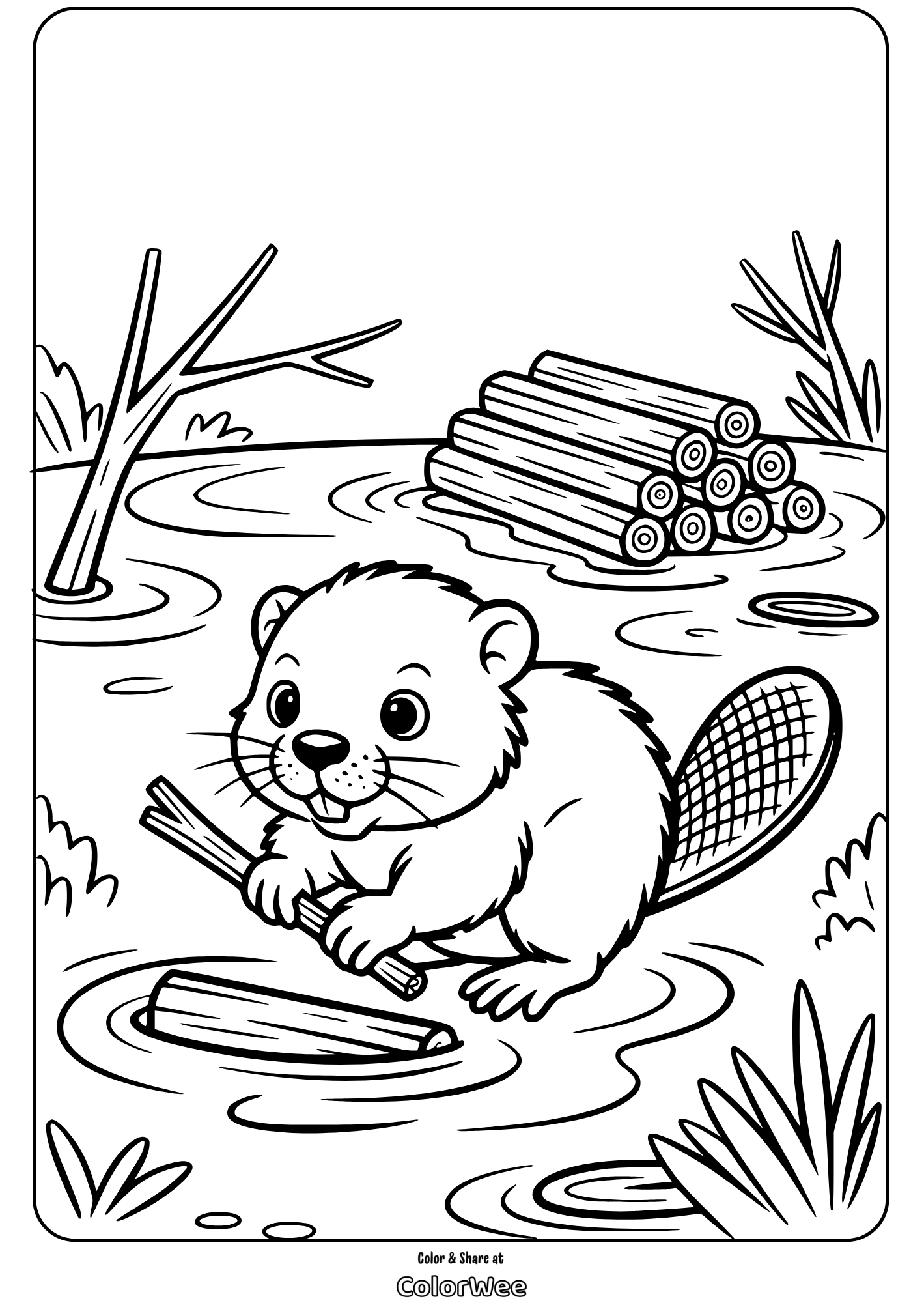 Beaver coloring page with sticks and dam in pond.