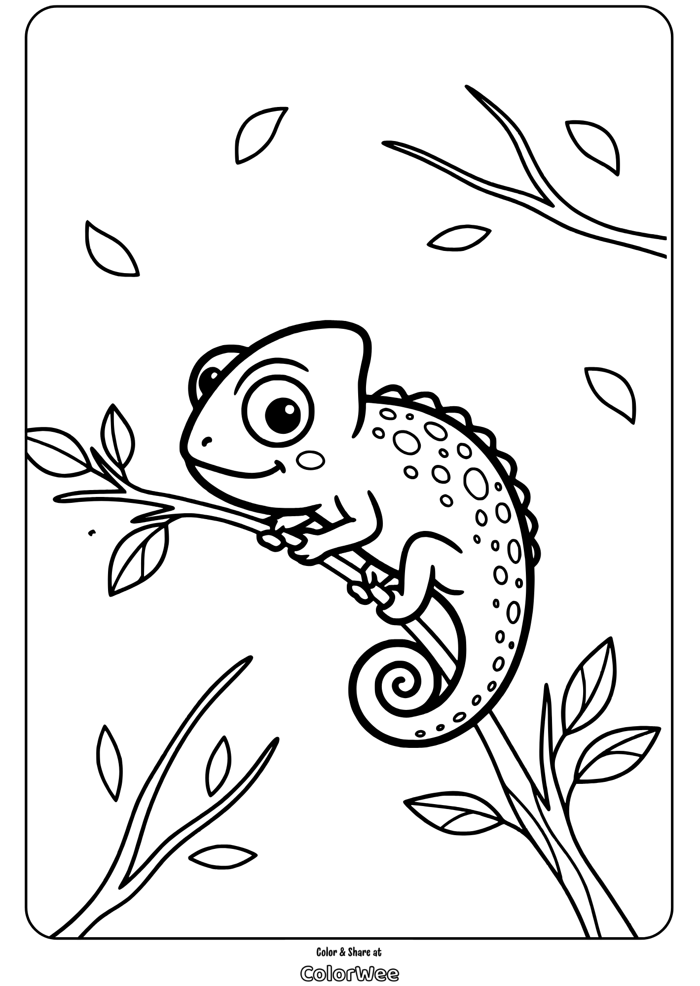 Chameleon on a branch coloring page for kids.