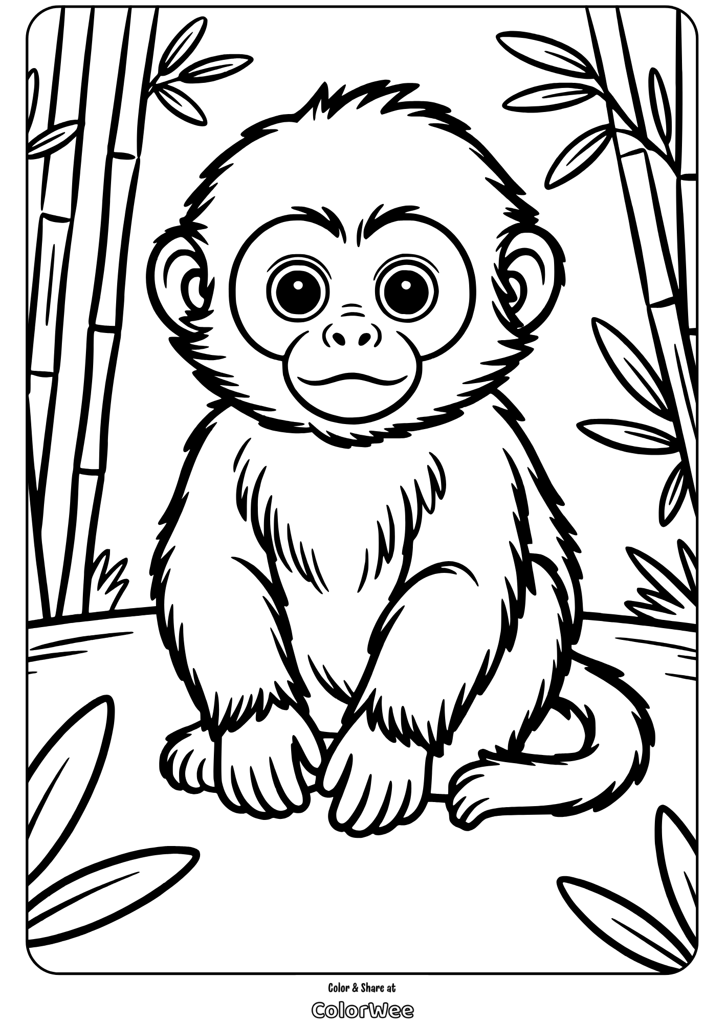 Cute baby monkey in bamboo forest coloring page.