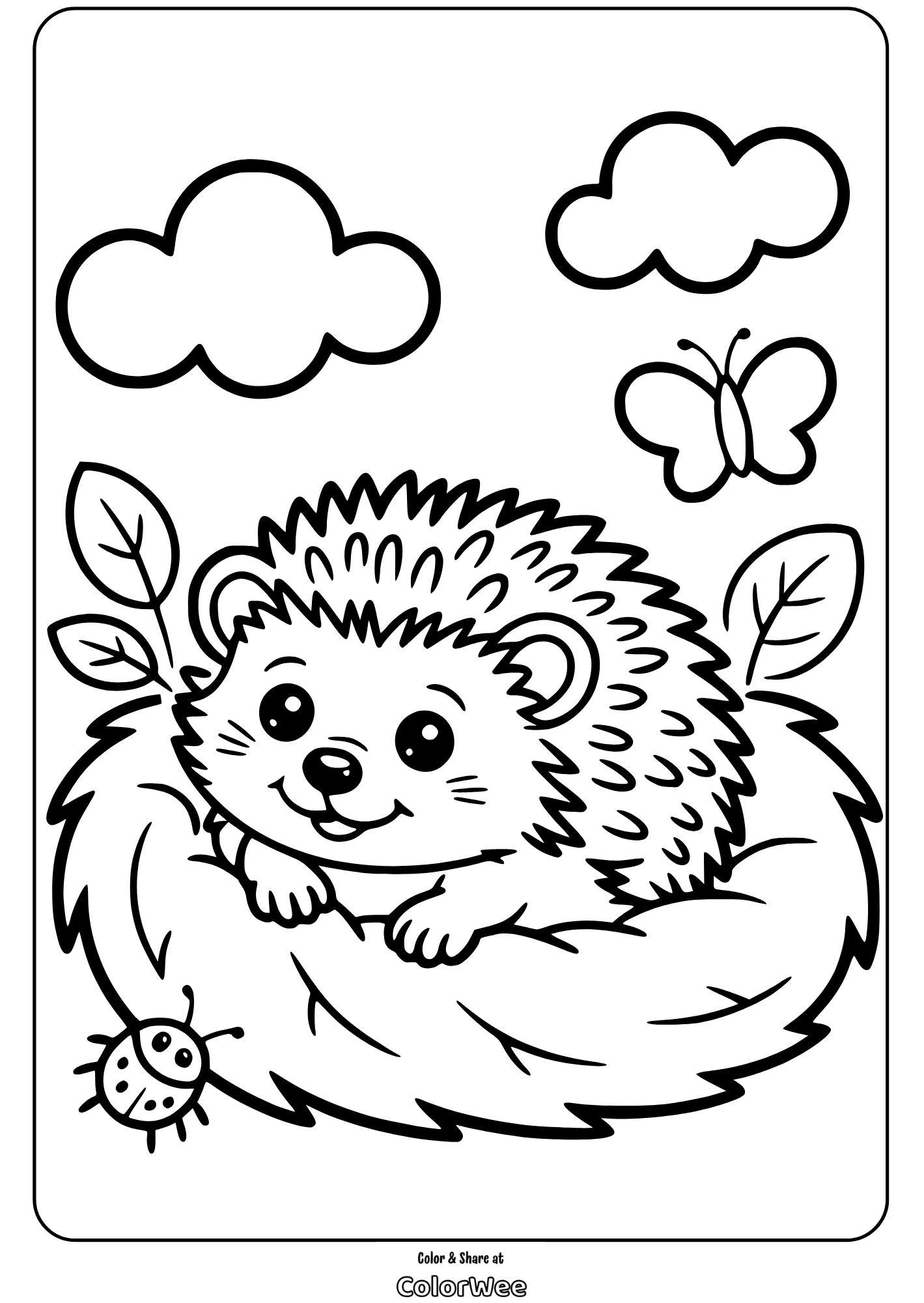 Cute hedgehog coloring page with butterfly and ladybug for kids.